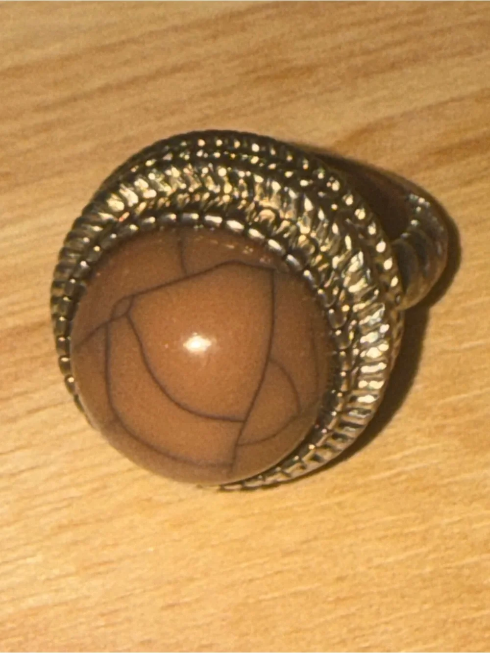 Vintage Style Silver Tone Cable Statement Ring - Brown Crackle Cabochon Size 12